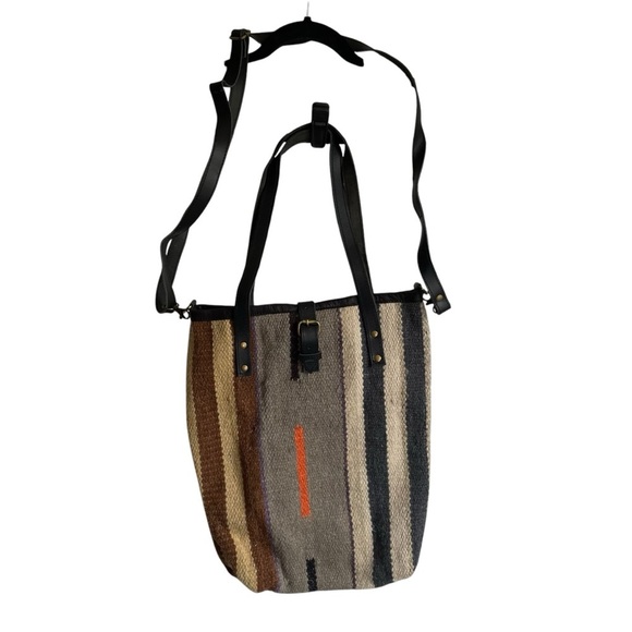 Anthropologie Raj Carpet Buckle Bag Tote Crossbody Wool Leather Striped NWOT - Picture 1 of 12